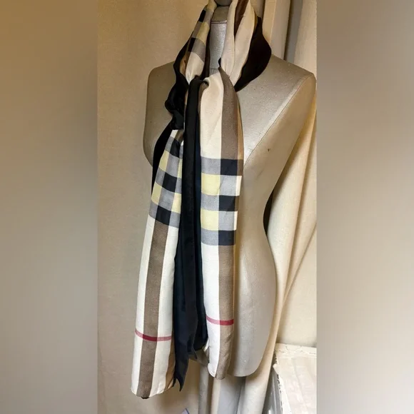 Tartan Plaid 100% Silk Heritage Check Scarf Wrap Neutral Camel/Black Equestrian - Picture 6 of 9
